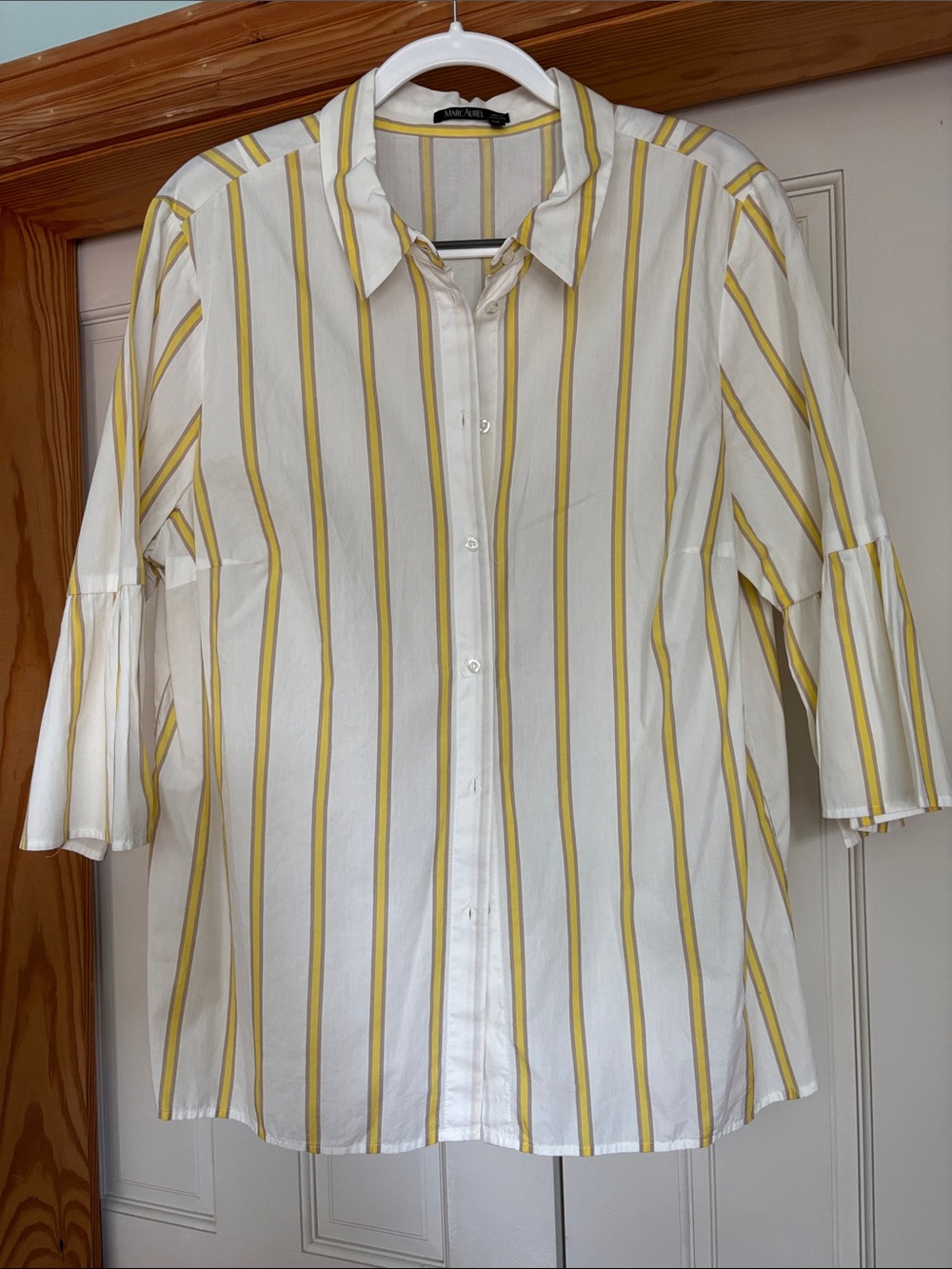 Marc Aurel White/Yellow Button-Up Shirt with wide 3/4 Sleeve 100% Cotton Size XL